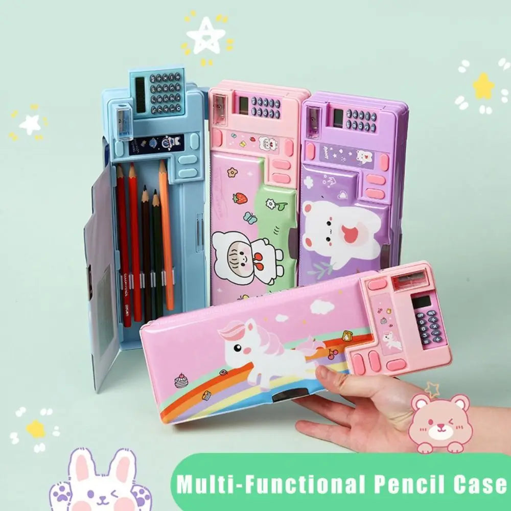 Plastic Pencil Case With Calculator/Pencil Sharpener Fun Mechanism Design Pencil Box Double Sided Use Large Capacity Pen Bag