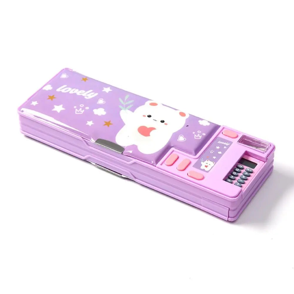 Double Layer Pencil Case Pencil Sharpener With Calculator Pencil Box Astronaut/Animal Design Plastic Stationery Storage Box