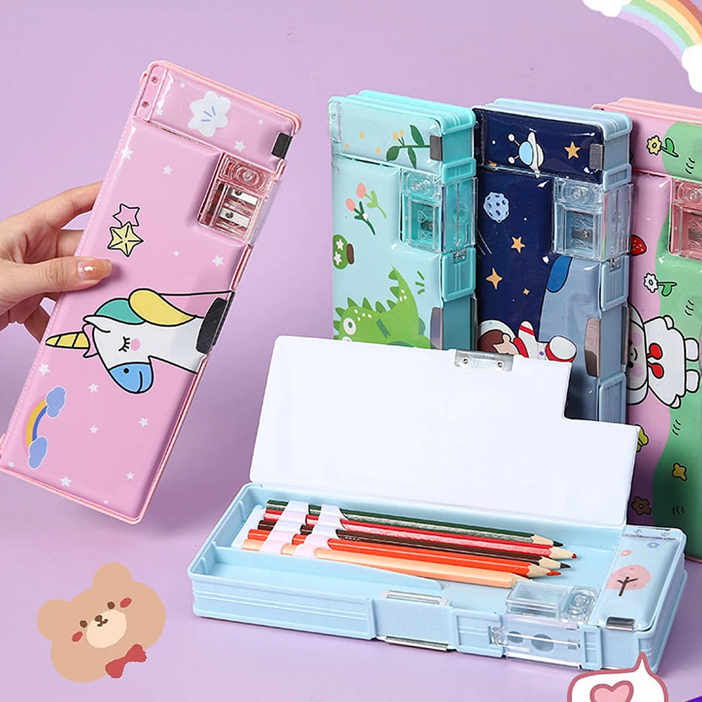 Cartoon Stationery box with pencil sharpener Plastic Pencil Case Children's Multifunctional Stationery Box Case