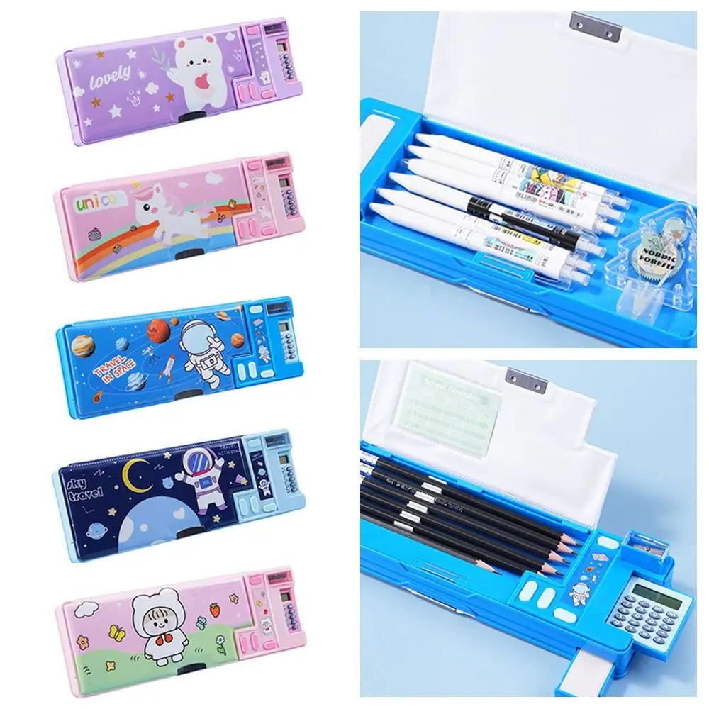 Double Layer Pencil Case With Calculator Pencil Sharpener Pencil Box Astronaut/Animal Design Plastic Stationery Organizer