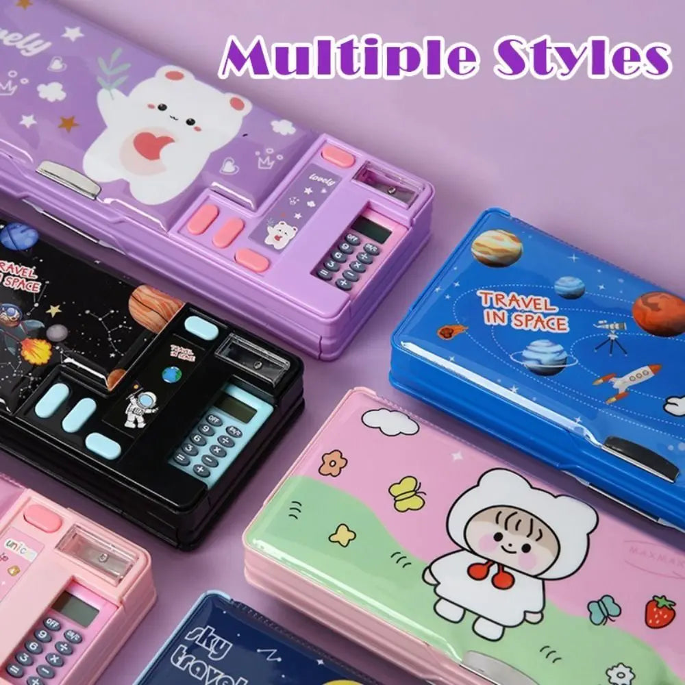 Double Layer Pencil Case With Calculator Pencil Sharpener Pencil Box Astronaut/Animal Design Plastic Stationery Organizer