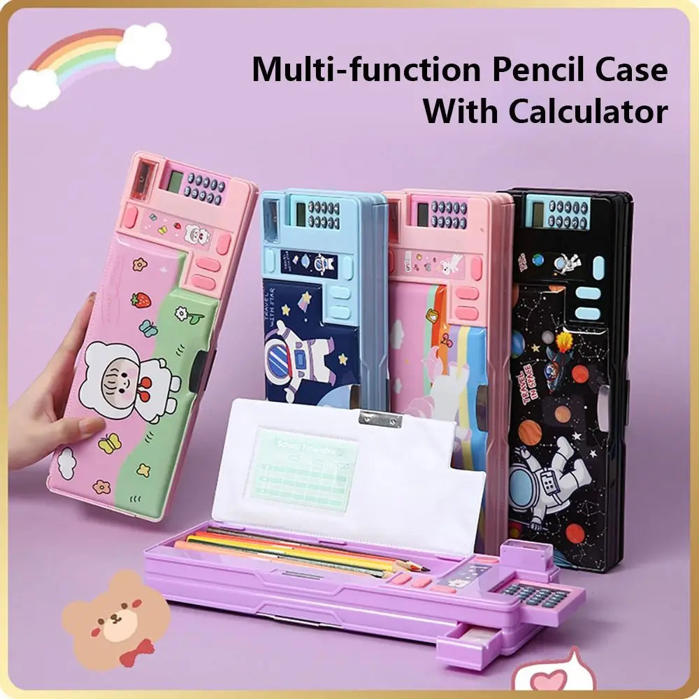 Plastic Pencil Case With Calculator/Pencil Sharpener Fun Mechanism Design Pencil Box Double Sided Use Large Capacity Pen Bag