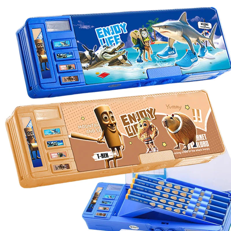 Italian Brainrot Tung Kawaii Pencil Case Combination Lock Pen Sharpener Pencil Box Plastic with Calculator Stationery Organizer