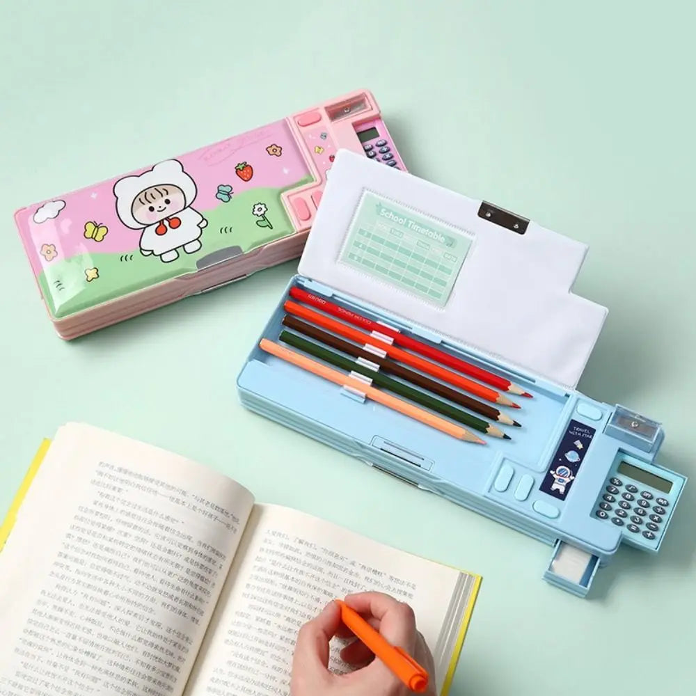 Plastic Pencil Case With Calculator/Pencil Sharpener Fun Mechanism Design Pencil Box Double Sided Use Large Capacity Pen Bag