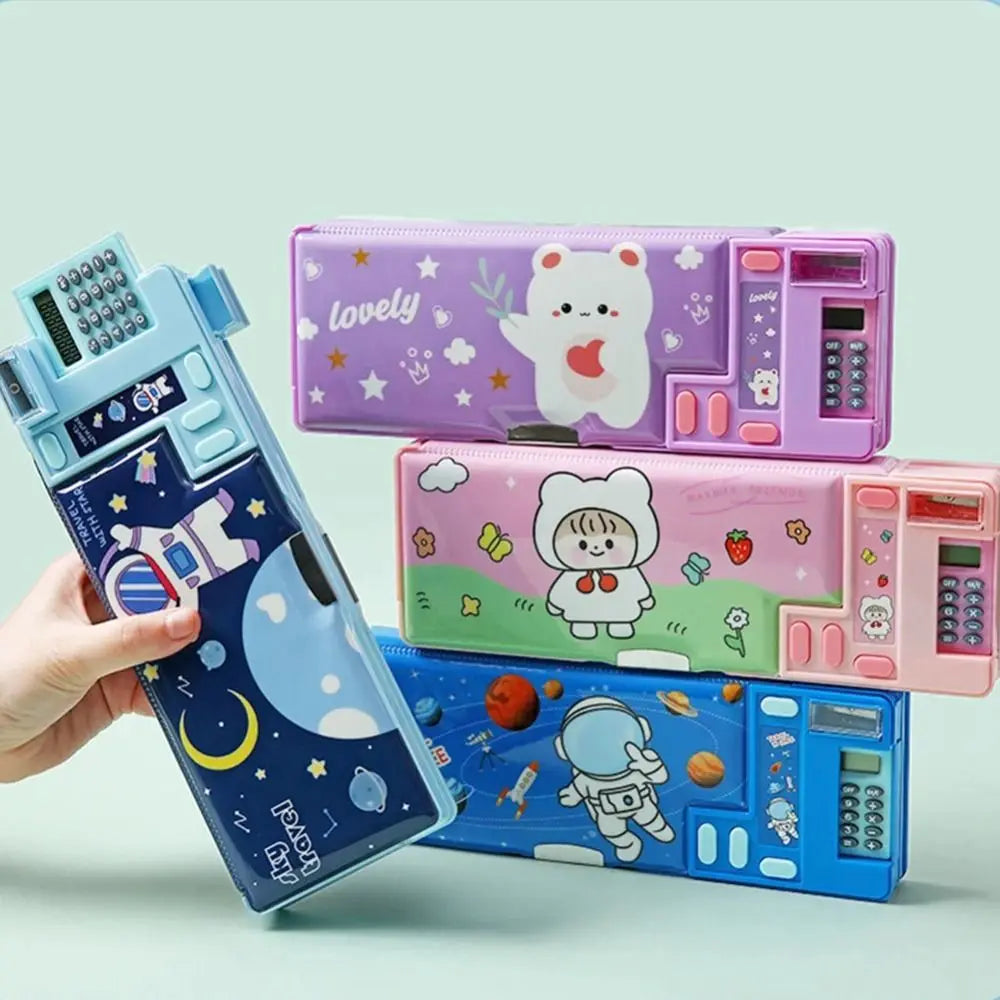 Double Layer Pencil Case With Calculator Pencil Sharpener Pencil Box Astronaut/Animal Design Plastic Stationery Organizer